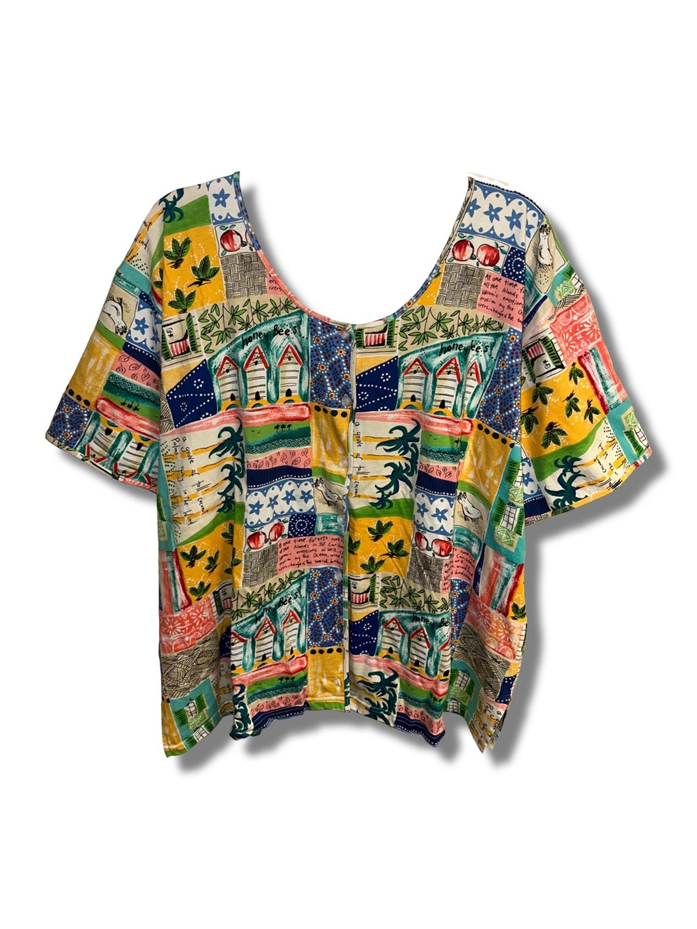 Vtg 90s Cotton Caribbean Island Inspired Multiprint Button Up Shirt